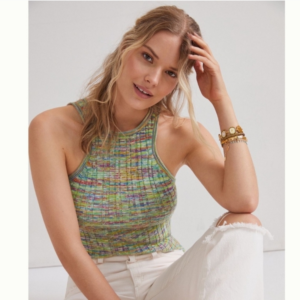 Anthropologie Green Rainbow Multicolor Knit High Neck Tank Top Size S